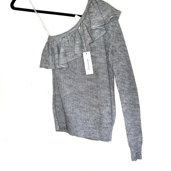 REBECCA TAYLOR Alpaca Wool Pullover Ruffle Sweater Gray One shoulder XS NWT - Picture 3 of 11